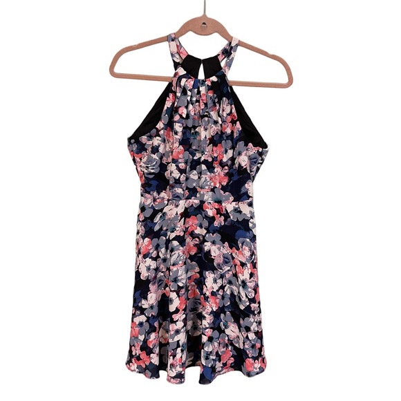 EXPRESS Mini Dress 2 Floral Halter Pleated Keyhole Sleeveless Blue Pink NWT - Picture 1 of 10